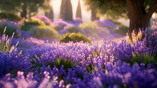 Campo viola con delicati fiori di lavanda in un giardino