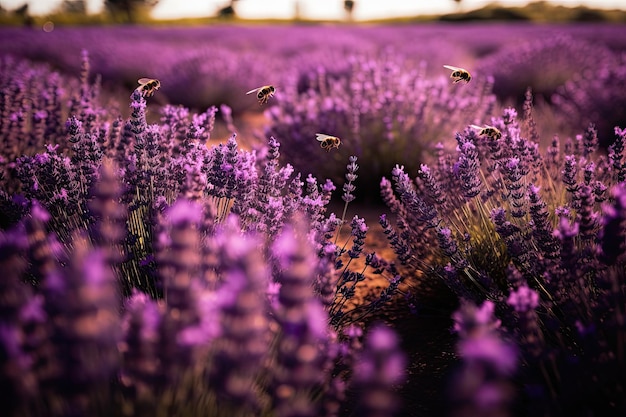 Campo viola di lavanda che trasuda olio e vita Api danzanti generative IA