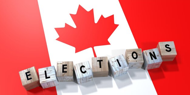 Canada elezioni concetto blocchi di legno e bandiera del paese illustrazione 3D