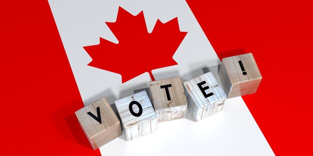 Canada vote cube parole e bandiera nazionale concetto elettorale illustrazione 3D
