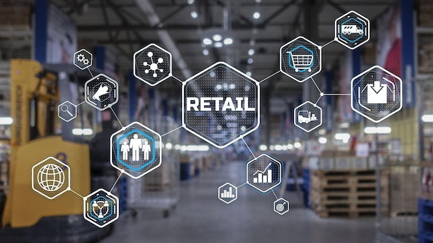 Canali di marketing al dettaglio Automazione dello shopping e-commerce su sfondo sfocato del supermercato 2021