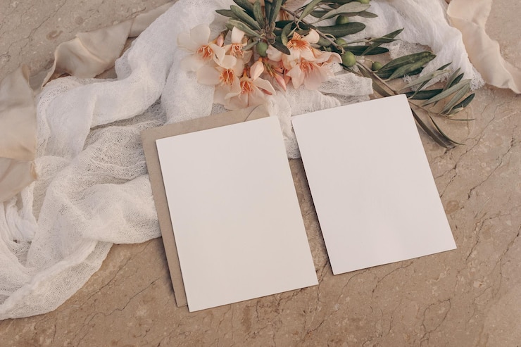 Foto cancelleria floreale estiva mediterranea set di biglietti di auguri inviti mock up sfondo marmo beige fiori di oleandro rami di alberi vivi nastri runner da tavola in mussola bianca vista dall'alto