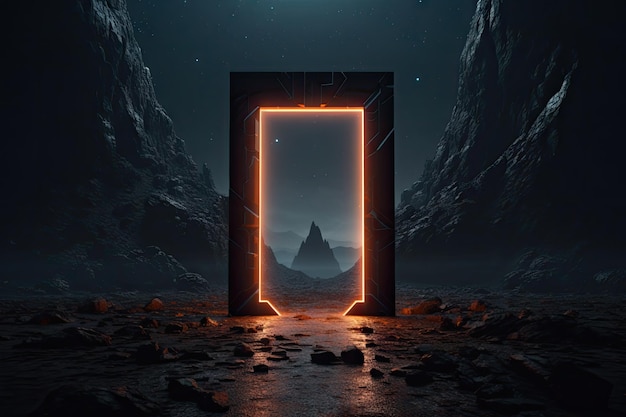 Cancello di pietra del portale astratto con luce incandescente al neon nello spazio oscuro paesaggio cosmico Ai generativo