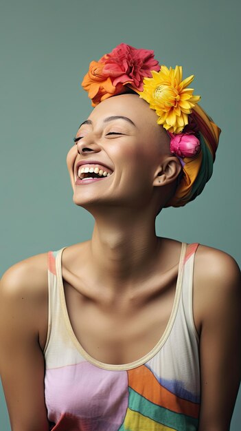 Cancro donna asiatica calva sorridente che indossa una corona di fiori Giornata mondiale del cancro