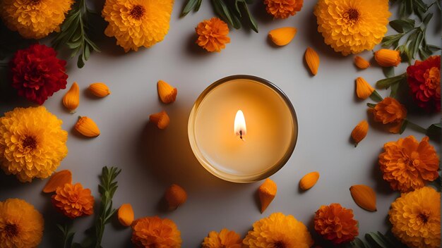 Candela accesa con fiori di calendula e foglie su sfondo bianco