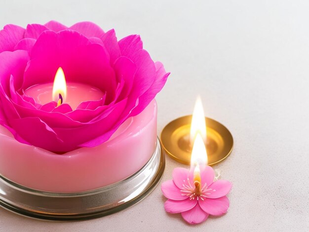 candela accesa con un bellissimo fiore rosa