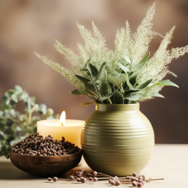 Candela accesa e bellissimi fiori Comodità della casa Comodità del relax e del benessere