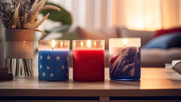 Candela accesa sul tavolo di legno Atmosfera calda e accogliente Giorno dell'Indipendenza Americana