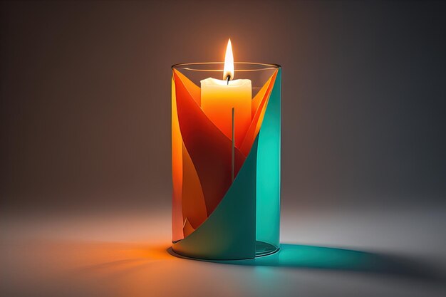 Candela aromatica in fiamme su un tavolo di legno sullo sfondo a colori solidi copyspace ai generative