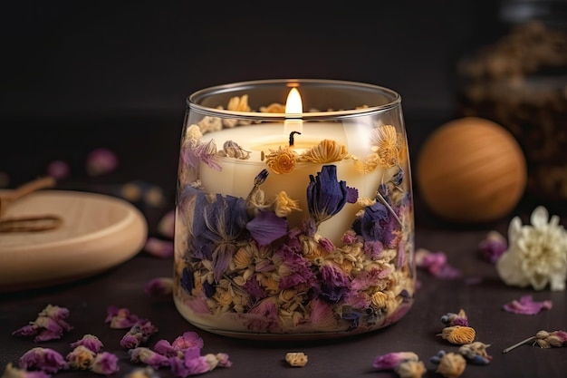 Candela aromatica in un barattolo di vetro trasparente circondato da fiori secchi