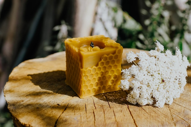 candela di cera con fiori rustici su tavola di legno