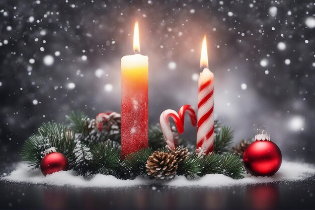 candela di Natale palle di Natale bastoncini di zucchero e rami di pino con nevicate