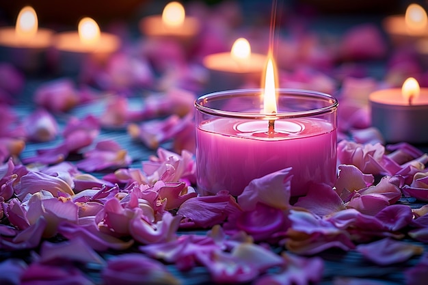 Candela in fiamme in vetro circondata da petali rosa e viola