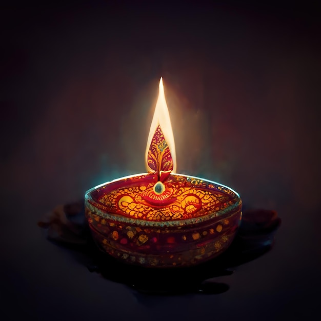 Candela indiana del festival Diwali a luce indù con fuoco su sfondo scuro