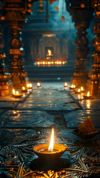 Candela indiana nel vecchio tempio sullo sfondo della celebrazione di Diwali
