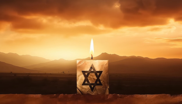 Candela israeliana della stella di David sullo sfondo del tramonto