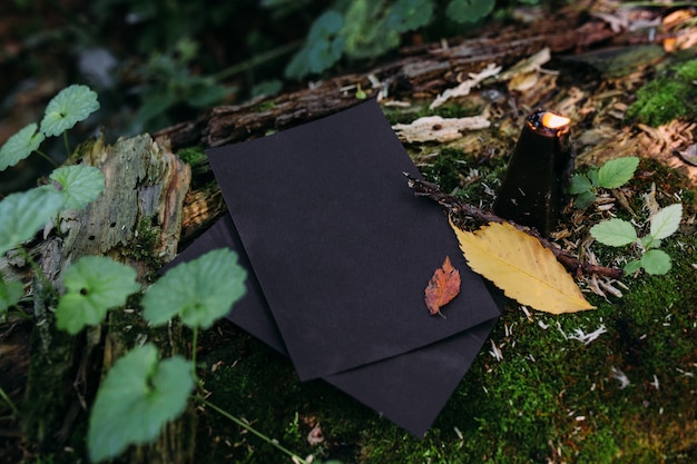 Candela nera mockup di carta artigianale nera sullo sfondo della natura magica della foresta