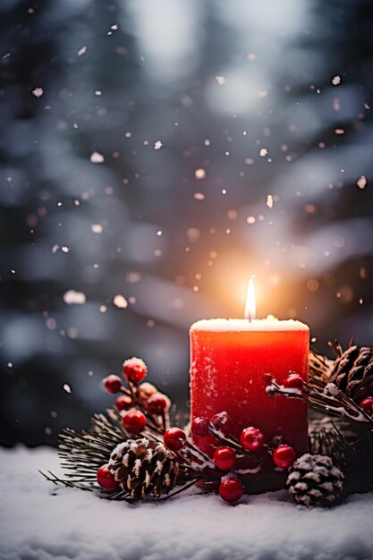 candela rossa su un ramo di albero di Natale con la neve