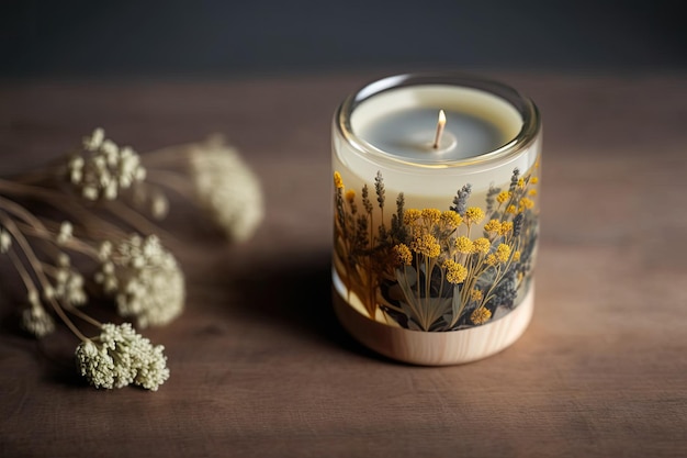 Candela su legno con fiore essiccato Candeliere moderno candela profumata alla vaniglia con fiori essiccati