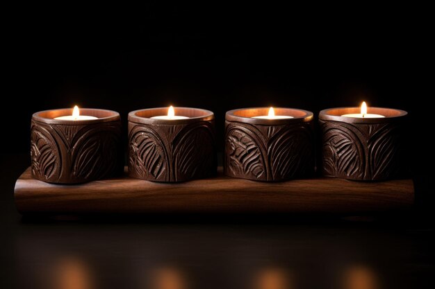 Candelabro di legno con quattro candele su un tavolo buio Il candeliere è un artigianato fatto a mano