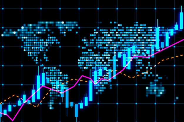 Candelabro incandescente forex grafico mappa ologramma su sfondo scuro Commercio e concetto di mercato Rendering 3D