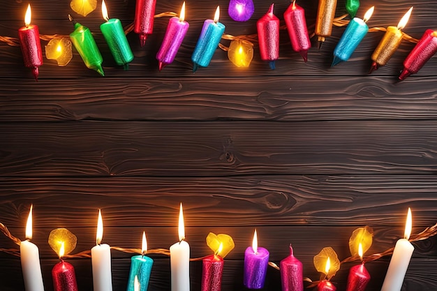 candele accese colorate sul tavolo di legno sfondo di Natale e Capodannocandele accese colorate