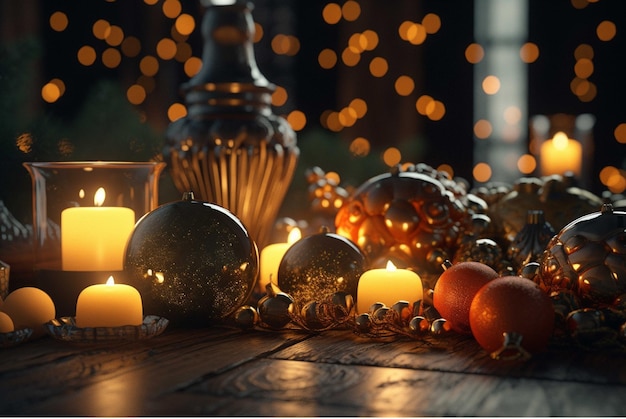 Candele accese e ornamenti di Natale su uno sfondo di legno
