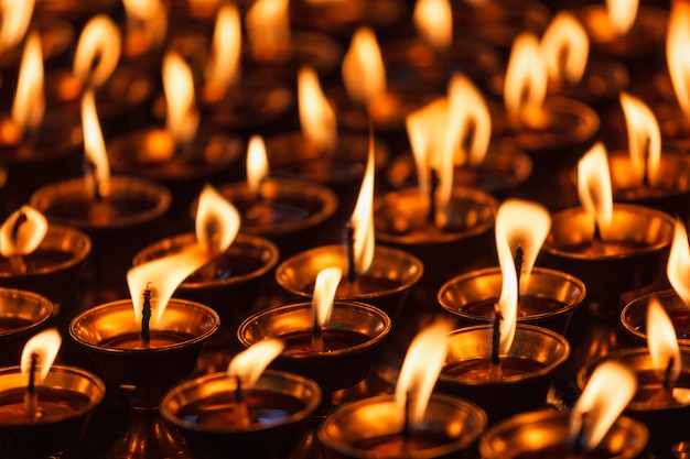 Candele accese nel tempio buddista. Dharamsala, Himachal Pradesh