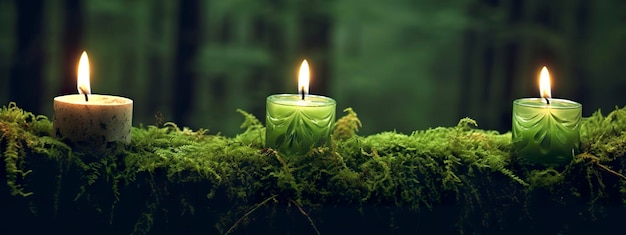 Candele accese su muschio verde scuro offuscato lo sfondo naturale Candela magica IA generativa