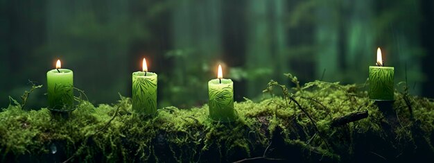 Candele accese su muschio verde scuro offuscato lo sfondo naturale Candela magica IA generativa