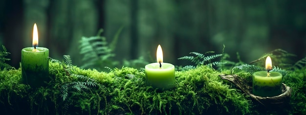 Candele accese su muschio verde scuro sfocate sullo sfondo naturale Candela magica AI generativa