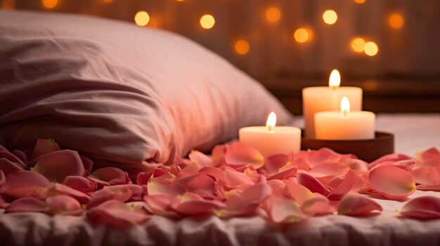 candele aromatiche sul piano del letto e petali di rosa romantici