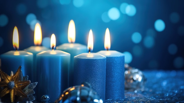 Candele blu con ornamenti natalizi sullo sfondo