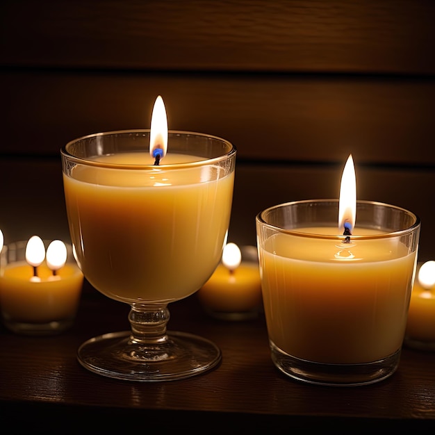 candele con bellissime decorazioni in vetro su superficie di legnocandela accesa in vetro su tavolo di legno