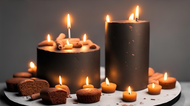 Candele con candele di cioccolato su un tavolo con candele accese sullo sfondo
