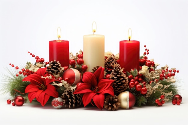 Candele d'avvento e rami di abete con decorazioni natalizie su uno sfondo bianco generato dall'AI