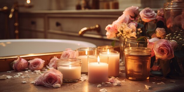 Candele d'umore romantico e fiori in bagno Foto di alta qualità AI generativa