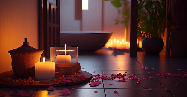 Candele da bagno e petali di rosa IA generativa