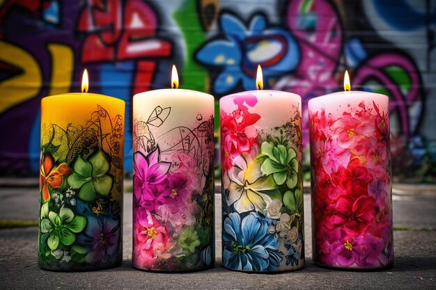 Candele davanti a un muro di graffiti con fiori e farfalle