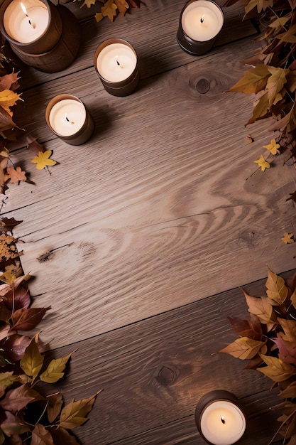 Candele di fondo in legno e sfondo mockup modello banner foglie autunnali