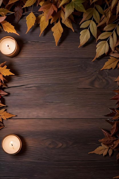 Candele di fondo in legno e sfondo mockup modello banner foglie autunnali