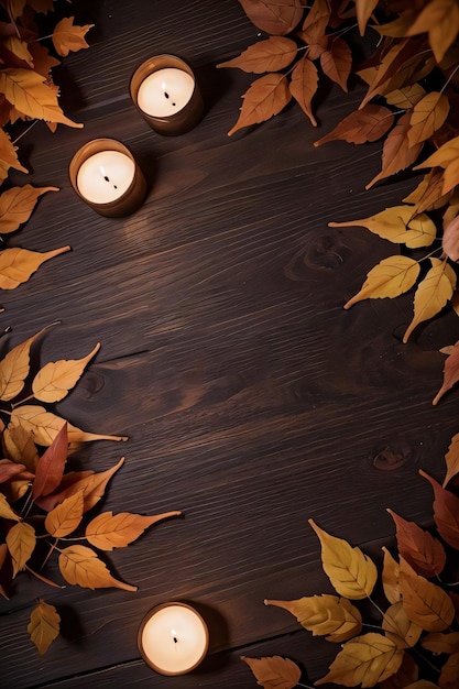 Candele di fondo in legno e sfondo mockup modello banner foglie autunnali