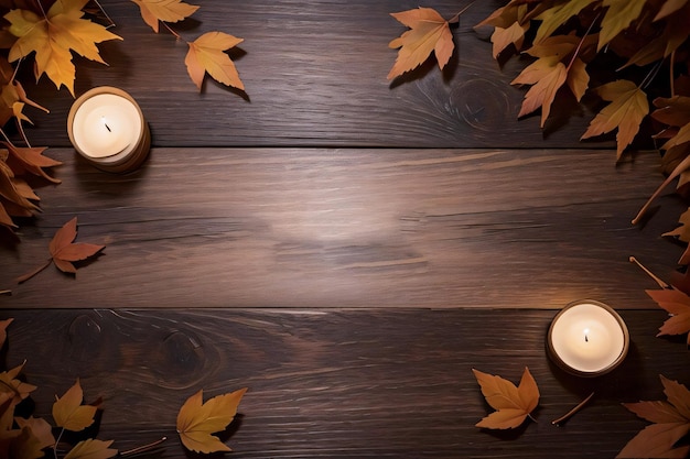 Candele di fondo in legno e sfondo mockup modello banner foglie autunnali