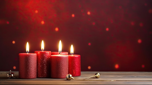 Candele di Natale su sfondo bokeh rosso con spazio di copia per il tuo testo