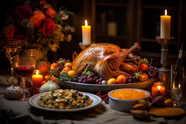 Candele di tacchino per la festa del Ringraziamento e piatti assortiti come uva, arance e formaggio adornano la tavola festiva