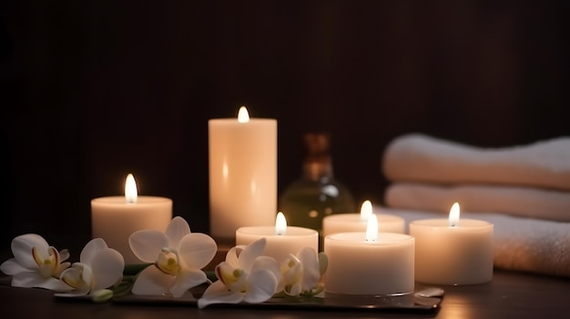 Candele e asciugamani con orchidee sul tavolo