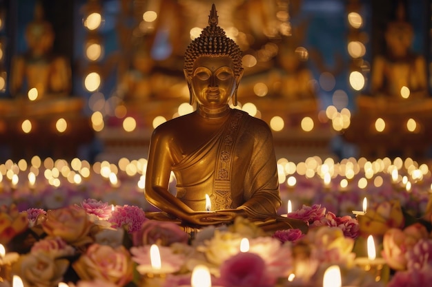 candele e fiori per la statua di Buddha per il giorno di Vesak