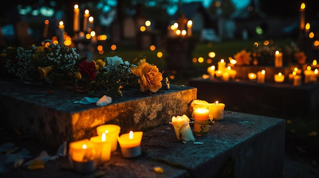 Candele e fiori sereni adornano un cimitero