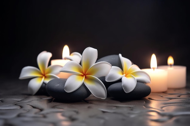 Candele e fiori su un tavolo con uno sfondo nero