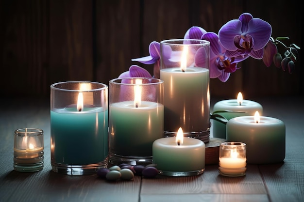 Candele e orchidee sono esposte davanti a un'orchidea viola.